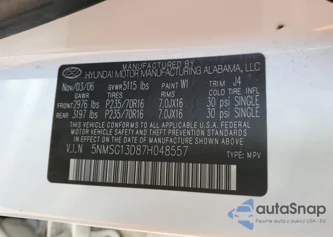 2007 Hyundai Santa Fe Gls из США, поврежденный, VIN 5NMSG13D87H048557